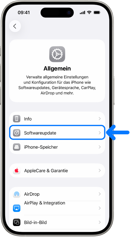 iPhone-Bildschirm, auf dem ein verfügbares Softwareupdate angezeigt wird.