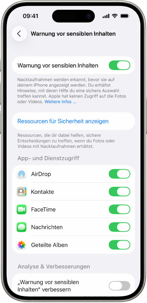 Ein iPhone mit dem Bildschirm „Warnung vor sensiblen Inhalten“.