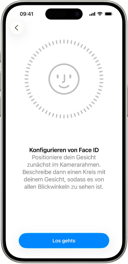 Der Einrichtungsbildschirm für die Face ID-Erkennung. Der Bildschirm zeigt ein Gesicht in einem Kreis an. Der Text darunter weist den/die Benutzer:in an, den Kopf langsam zu bewegen und dadurch den Kreis zu schließen.
