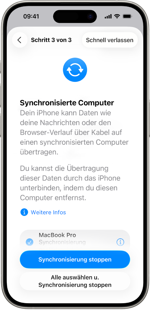 Ein iPhone mit dem Bildschirm „Synchronisierte Computer“.