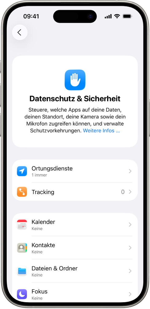 Ein iPhone mit dem Bildschirm „Datenschutz & Sicherheit“ unter „Einstellungen“.