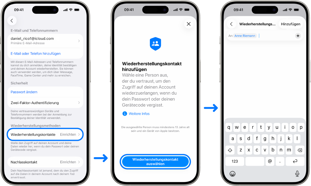 Drei iPhone-Bildschirme zeigen, wie Kontakte für die Accountwiederherstellung hinzugefügt werden.