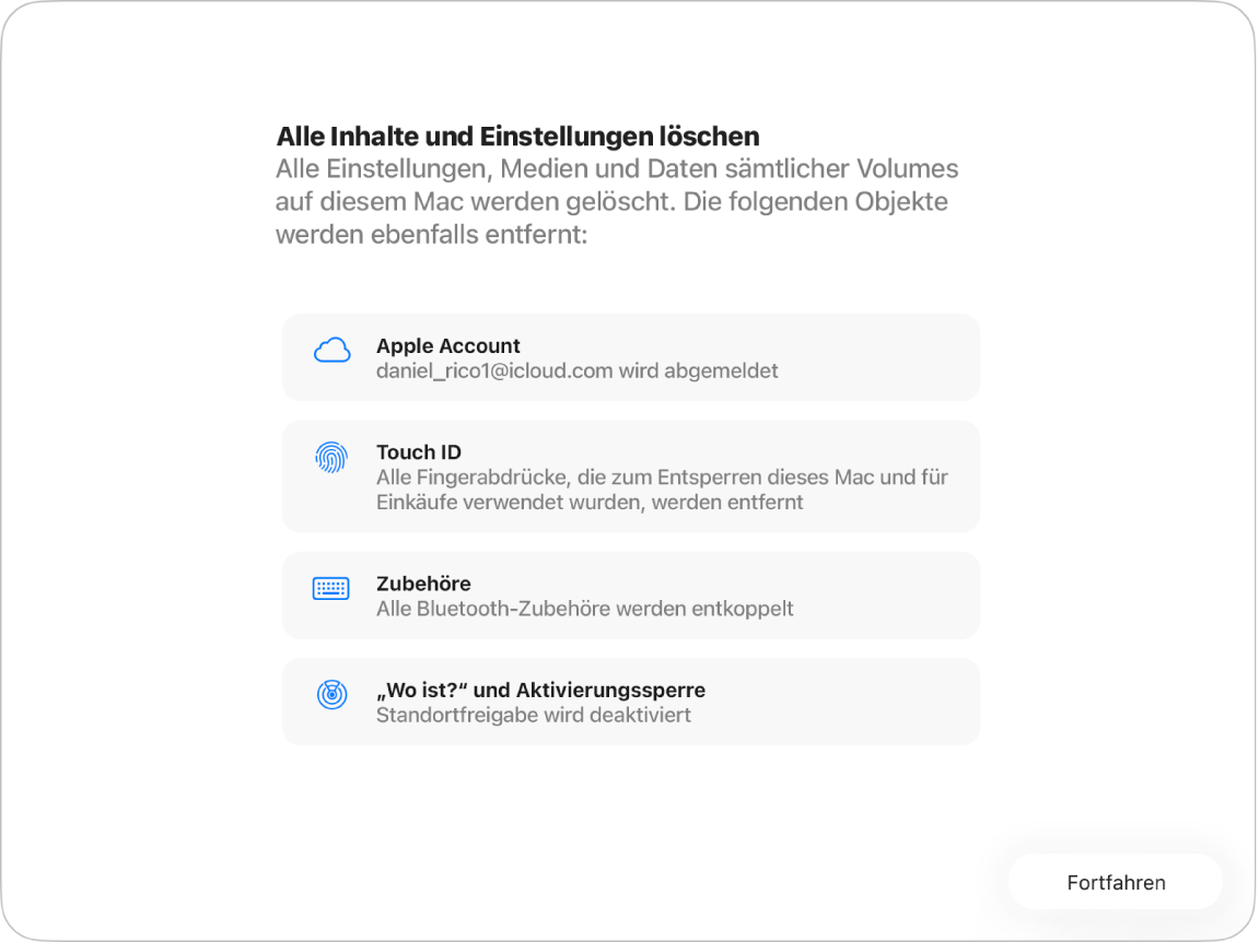Ein Mac-Fenster zeigt den Assistenten für „Alle Inhalte & Einstellungen löschen“.