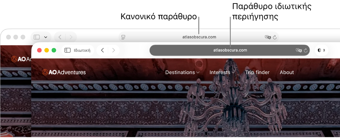 Ένα τυπικό παράθυρο Safari σε Mac με το ανοιχτόχρωμο πεδίο Έξυπνης αναζήτησης, και ένα ιδιωτικό παράθυρο Safari με το σκούρο πεδίο Έξυπνης αναζήτησης.