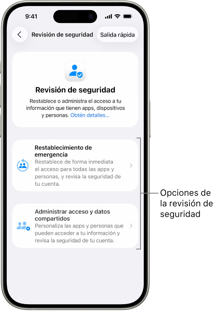 Pantalla mostrando las dos opciones disponibles con la revisión de seguridad: el restablecimiento de emergencia y la opción de administrar accesos y datos compartidos.