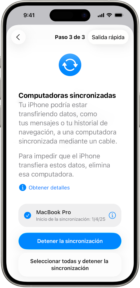 La pantalla de un iPhone mostrando la pantalla Computadoras sincronizadas.