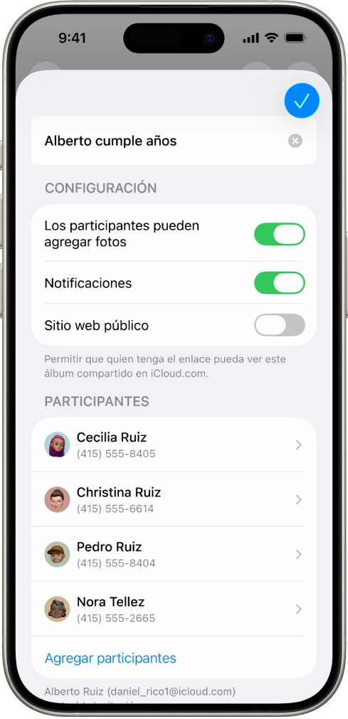 Pantalla del iPhone mostrando un álbum de fotos compartidas y con quién se comparte el álbum.