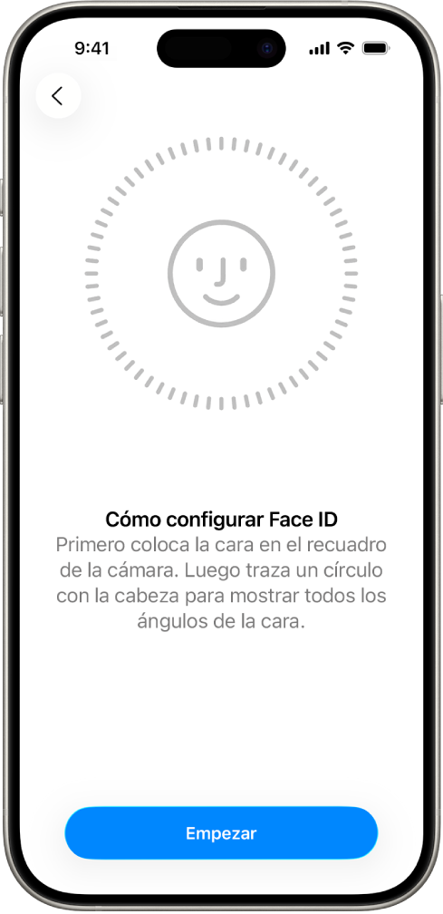 Pantalla de configuración de reconocimiento de Face ID. En la pantalla se muestra una cara rodeada de un círculo. El texto situado debajo indica al usuario que mueva la cabeza lentamente hasta completar el círculo.