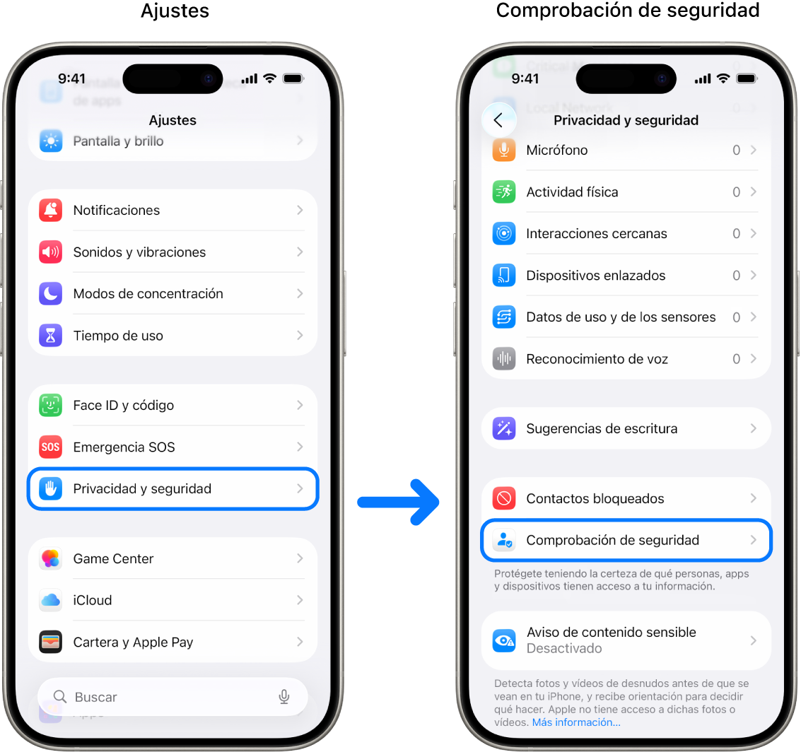 La forma en que se accede a la función de comprobación de seguridad desde la app Ajustes.