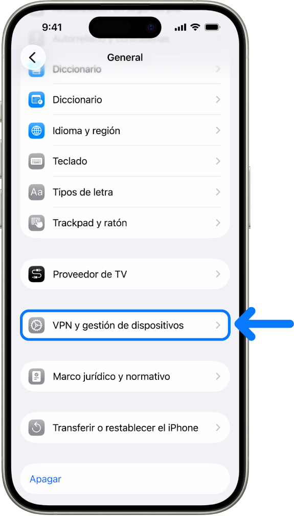 La pantalla de un iPhone con la opción “VPN y gestión de dispositivos” seleccionada.