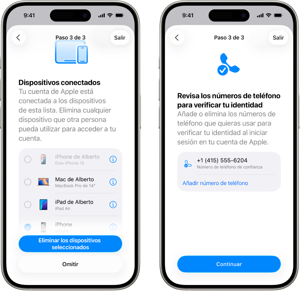 Las pantallas de dos iPhone que muestran 1) un dispositivo seleccionado para eliminarlo de la lista de dispositivos de confianza y 2) una pantalla para editar los números de teléfono de confianza.