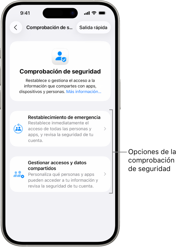 Una pantalla que muestra las dos opciones disponibles con la comprobación de seguridad: “Restablecimiento de emergencia” y “Gestionar accesos y datos compartidos”.