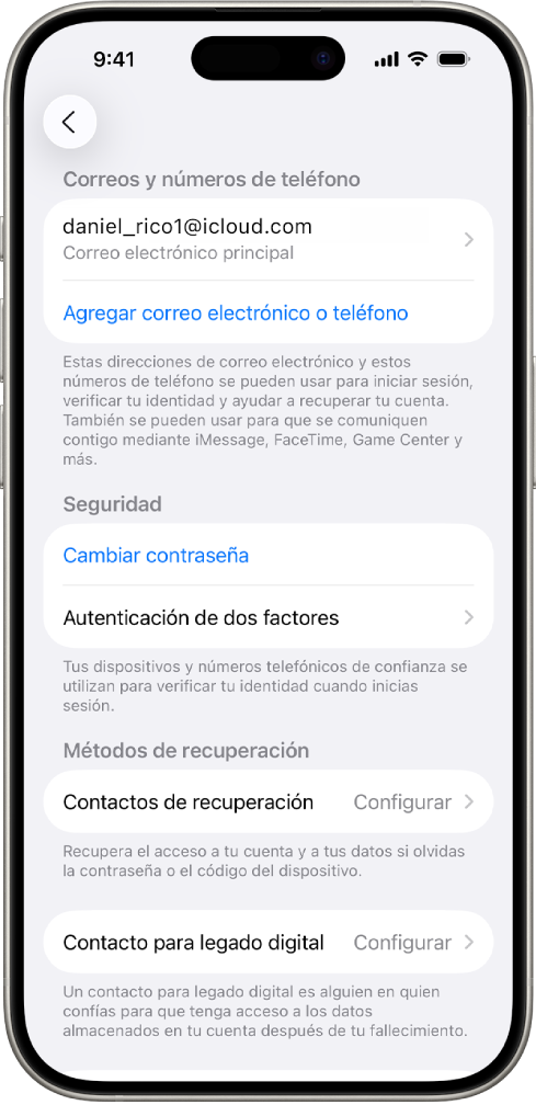 Pantalla de un iPhone mostrando que la autenticación de dos factores está desactivada.