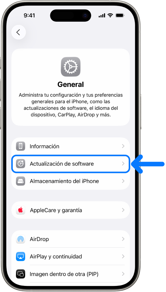 La pantalla del iPhone mostrando que hay una actualización de software disponible.