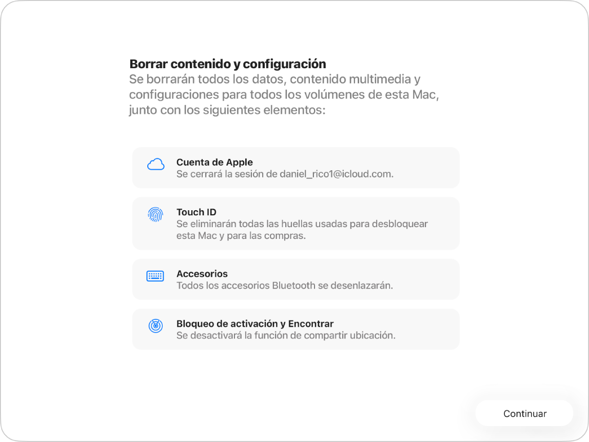 Una ventana de una Mac mostrando las opciones Borrar todo el contenido y Asistente de configuración.
