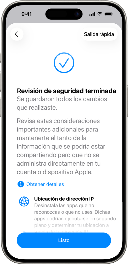 Pantalla de la revisión de seguridad mostrando que se completó la revisión.