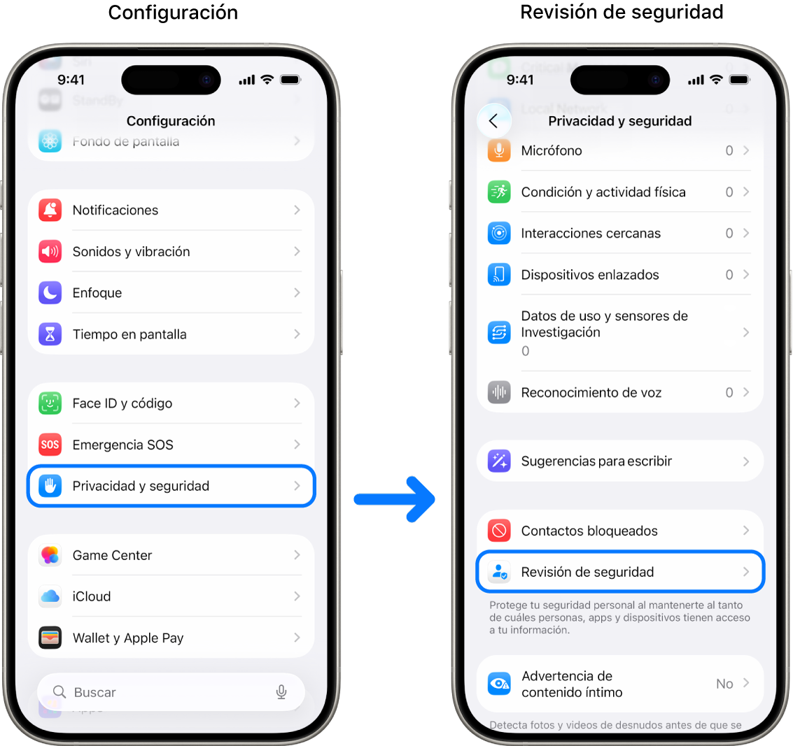 El procedimiento para acceder a la revisión de seguridad desde la app Configuración.