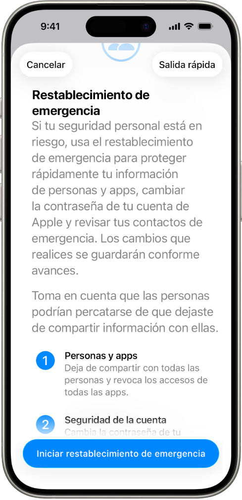 Pantalla mostrando el botón para iniciar Restablecimiento de emergencia.