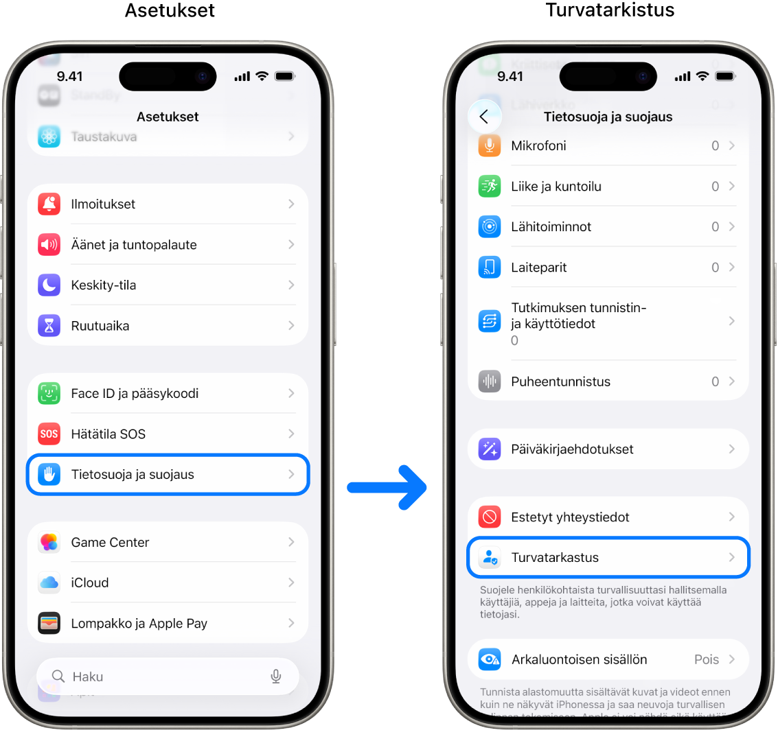 Tapa, jolla Turvatarkastus avataan Asetukset-apissa.