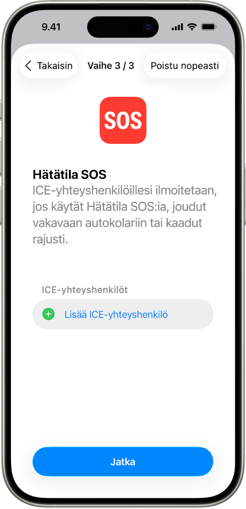 iPhone, jossa näkyy Hätätila SOS ‑näyttö.