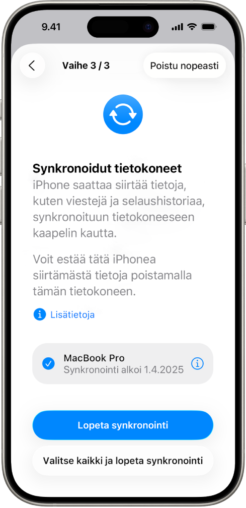 iPhone, jossa näkyy Synkronoidut tietokoneet ‑näyttö.