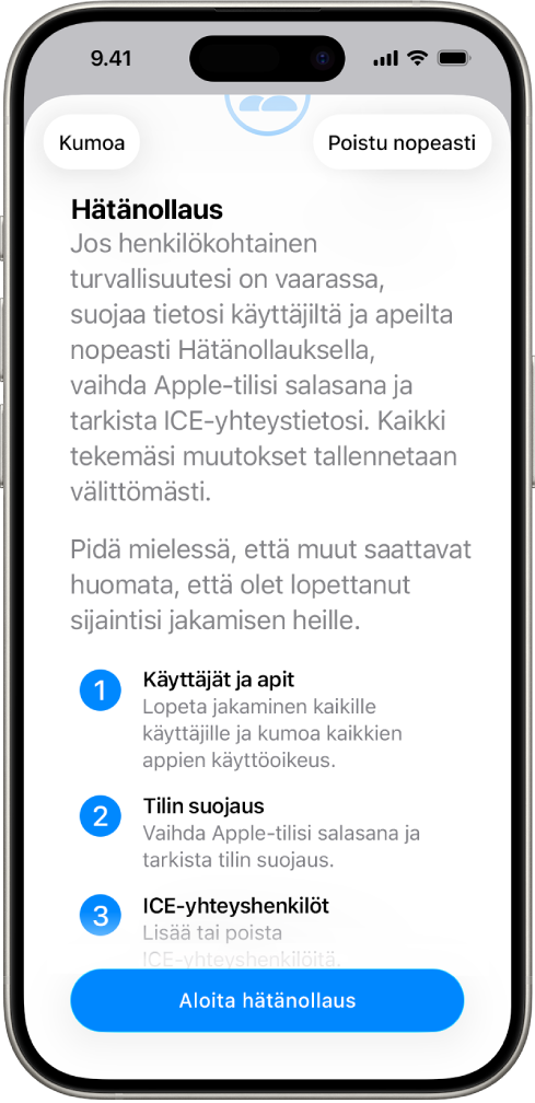 Näyttö, jossa näkyy Hätänollauksen aloituspainike.