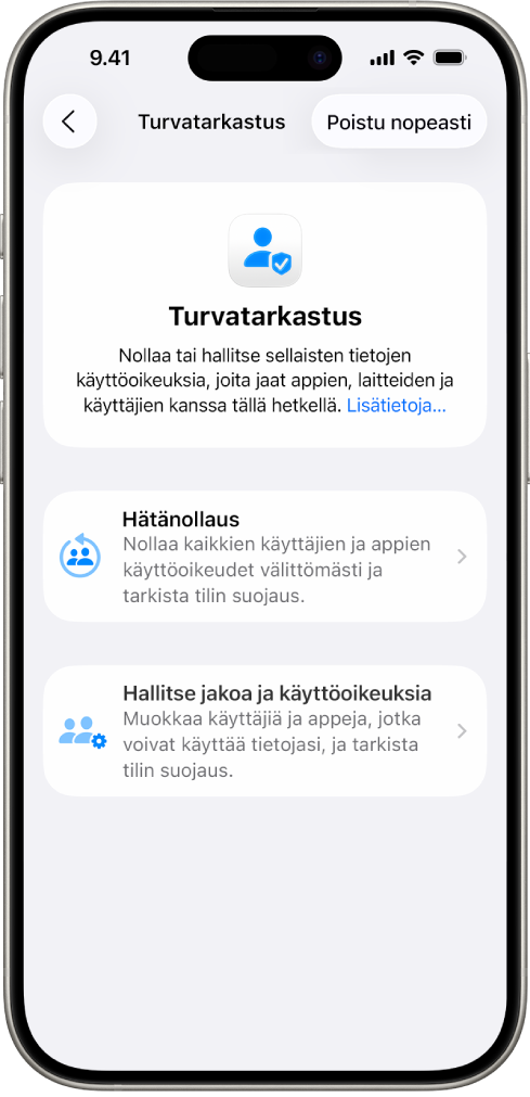 iPhone, jossa näkyy Turvatarkastus-näyttö.