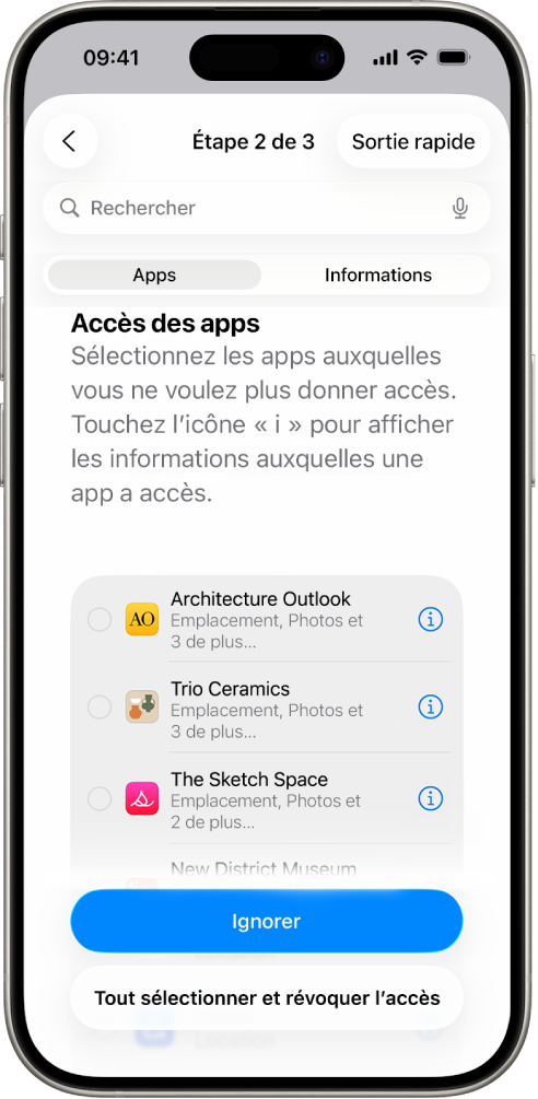 Un écran du contrôle de sécurité qui affiche les informations partagées avec des apps spécifiques.