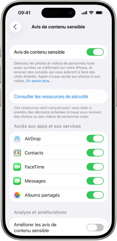 Un iPhone qui affiche l’écran Avis de contenu sensible.