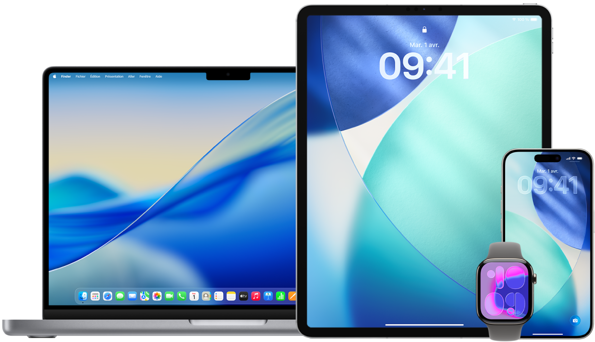 Un MacBook Pro, un iPad, un iPhone et une Apple Watch
