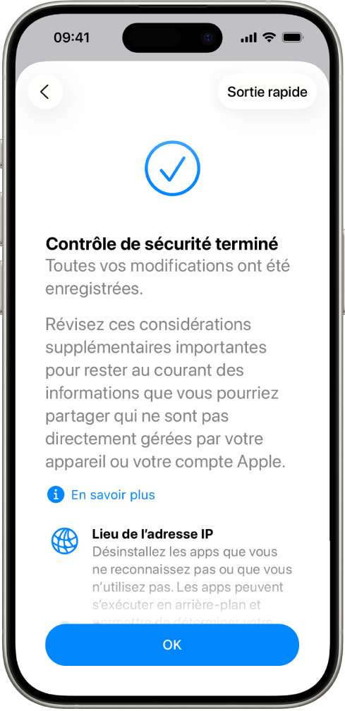 Un écran du contrôle de sécurité qui indique que le contrôle de sécurité est terminé.