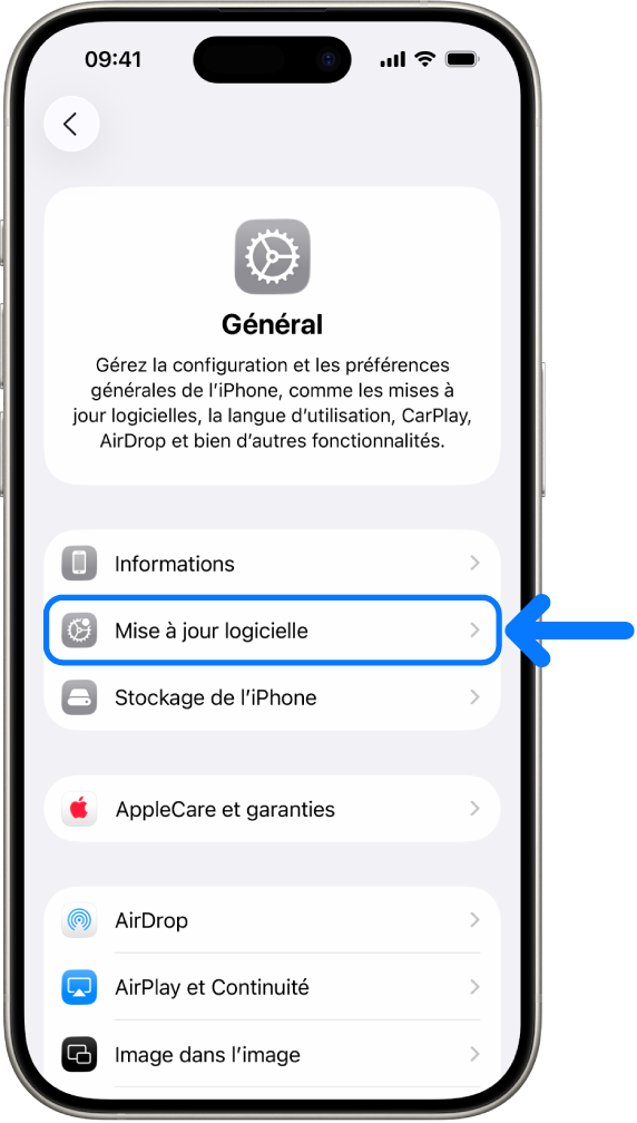 Écran d’un iPhone qui affiche qu’une mise à jour logicielle est disponible.