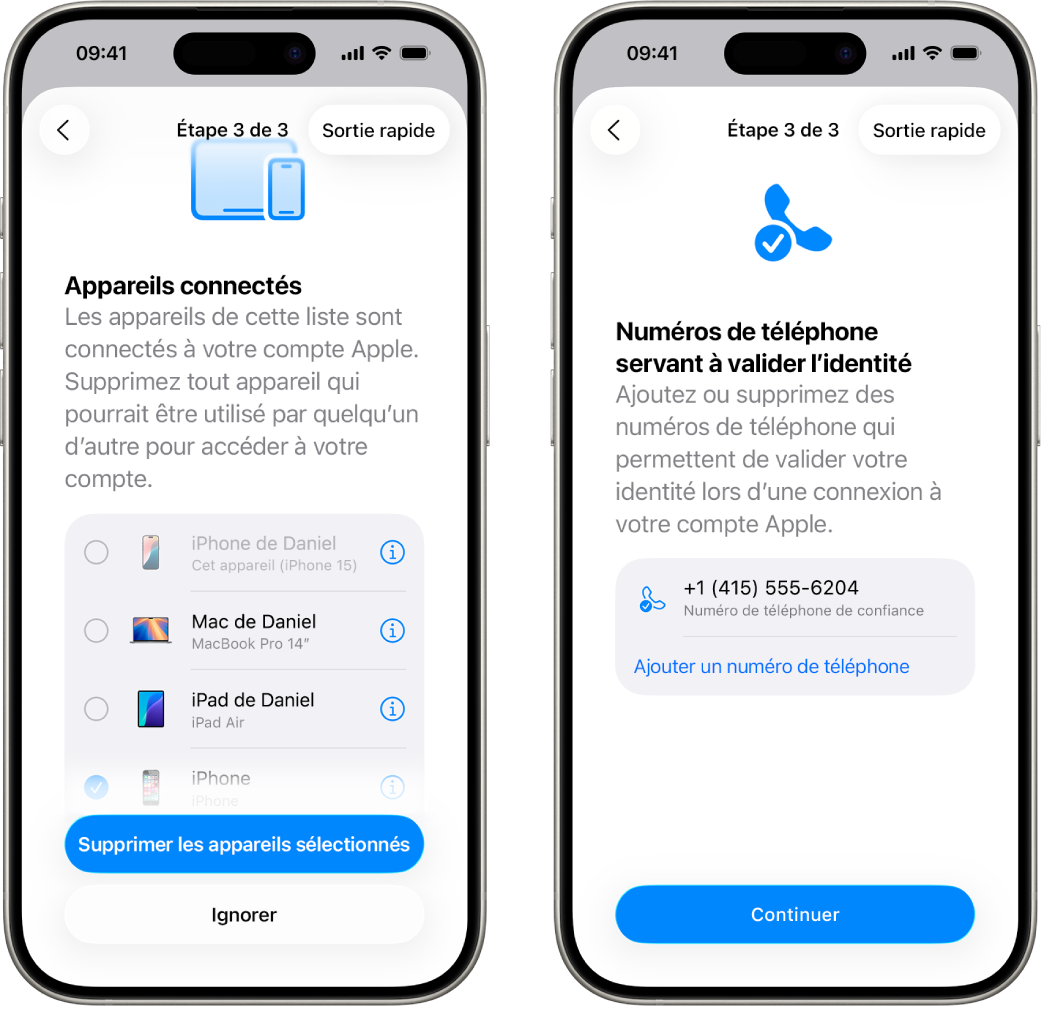 Deux écrans d’iPhone qui montrent (1) un appareil sélectionné à supprimer des appareils de confiance, (2) un écran pour modifier les numéros de téléphone de confiance.