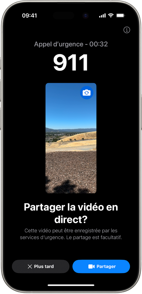 Un écran de vidéo en direct Urgence SOS affichant un appel téléphonique d’urgence au 911 avec un extrait vidéo au milieu. En bas se trouvent les boutons Pas maintenant et Partager la vidéo.