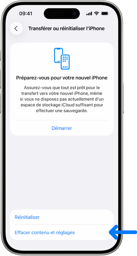 Écran de l’iPhone montrant l’option « Effacer contenu et réglages » sélectionnée.