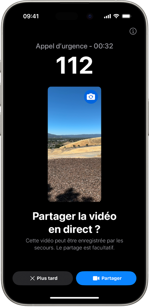 Écran Vidéo en direct pour Appel d’urgence affichant un appel téléphonique d’urgence au 911 avec un aperçu vidéo au milieu. Les boutons Plus tard et Partager la vidéo se trouvent en bas.