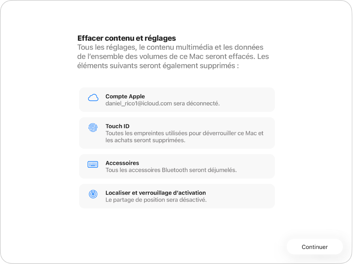 La fenêtre d’un Mac affichant « Effacer contenu et réglages » et l’Assistant réglages.