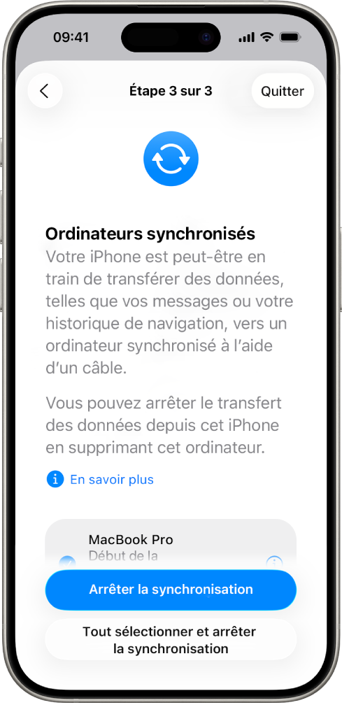 L’écran d’un iPhone affichant l’écran Ordinateurs synchronisés.
