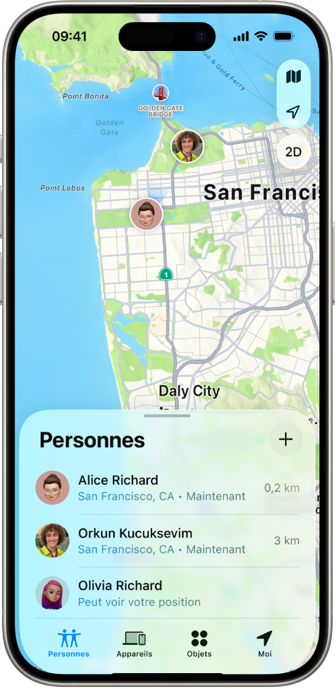 L'écran d’un iPhone montrant la position d’un utilisateur ainsi que celles de quatre autres utilisateurs.