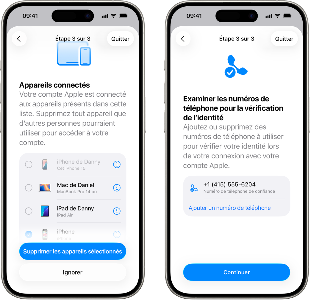 Deux écrans d’iPhone présentant (1) un appareil sélectionné à supprimer des appareils de confiance, (2) un écran permettant de modifier des numéros de téléphone de confiance.