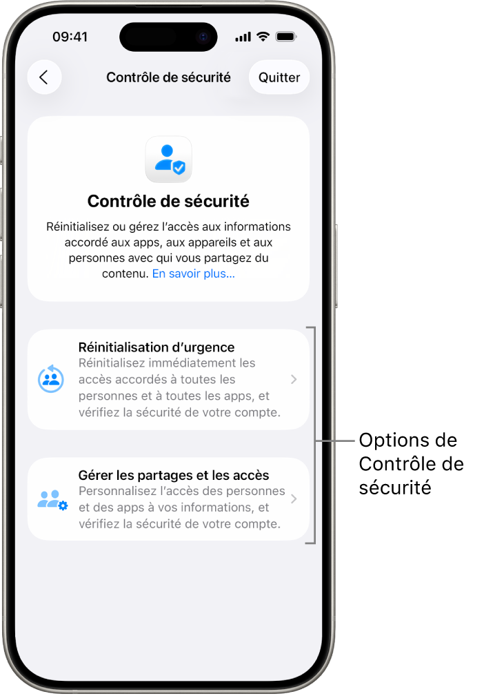 Un écran affichant les deux options disponibles avec Contrôle de sécurité : Réinitialisation d’urgence et Gérer les partages et les accès.