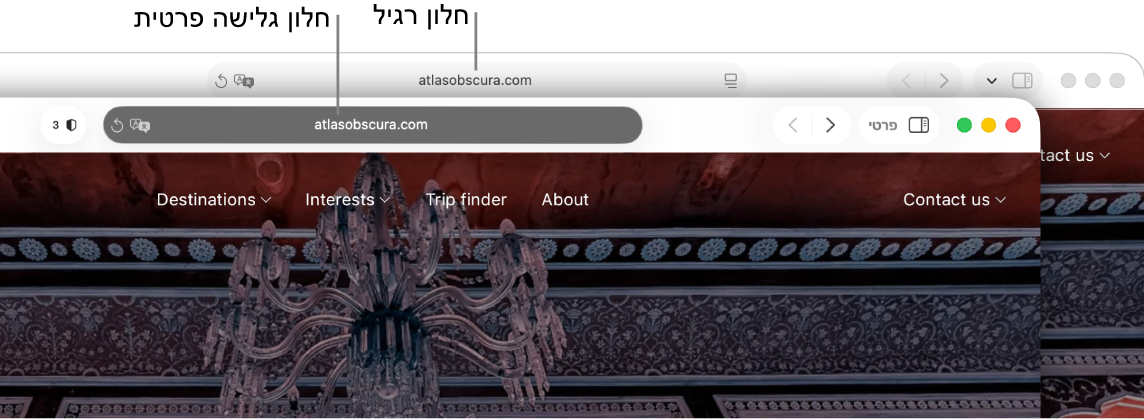 חלון רגיל של Safari ב-Mac עם שדה ״חיפוש חכם״ בהיר, וחלון גלישה פרטית של Safari עם שדה ״חיפוש חכם״ כהה.