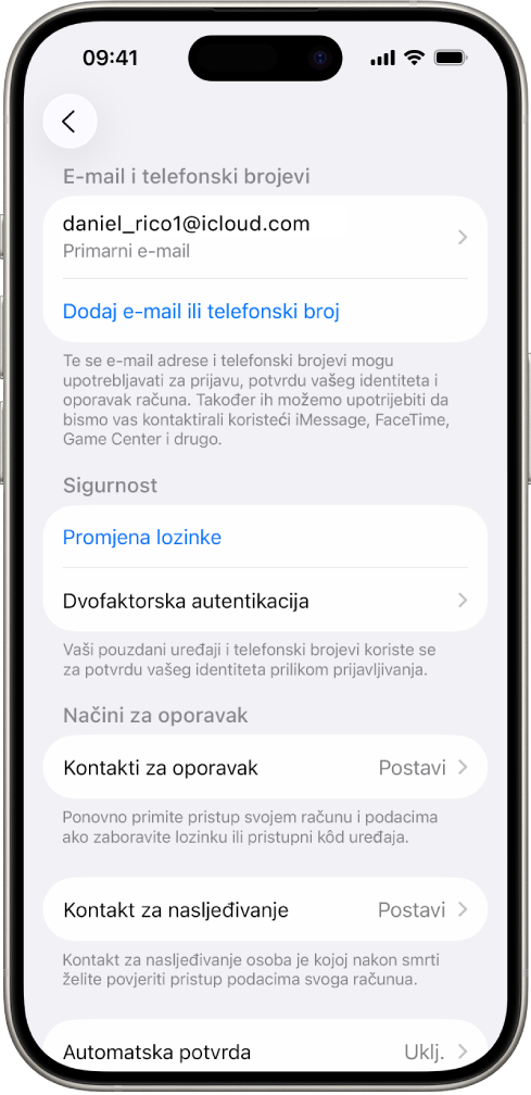 Slika zaslona iPhonea koja prikazuje isključenu dvofaktorsku autorizaciju.