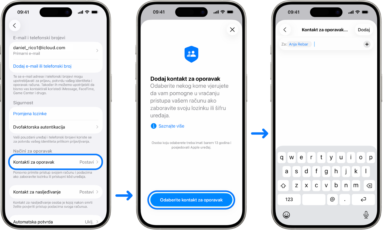 Tri iPhonea s prikazom načina dodavanja kontakata za dodavanje Obnavljanja računa.