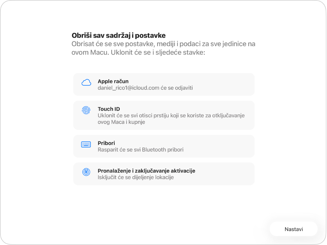 Prozor računala Mac prikazuje opcije Obriši sav sadržaj i Asistent za postavke