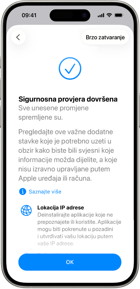 Zaslon Sigurnosne provjere s prikazom dovršetka Sigurnosne provjere.