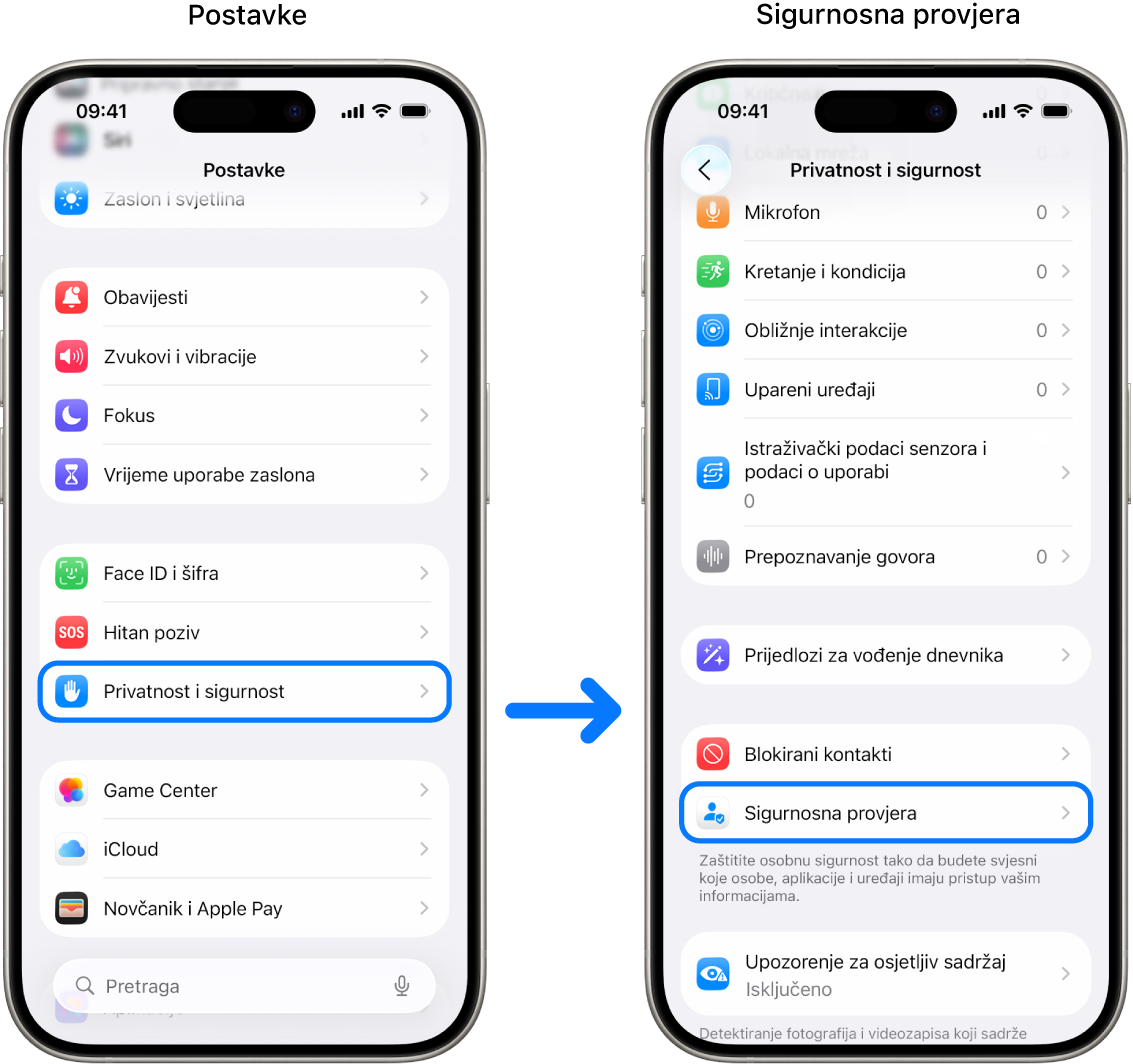Način pristupanja Sigurnosnoj provjeri iz aplikacije Postavke.