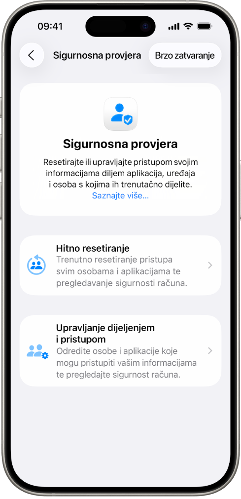 iPhone s prikazom zaslona Sigurnosne provjere