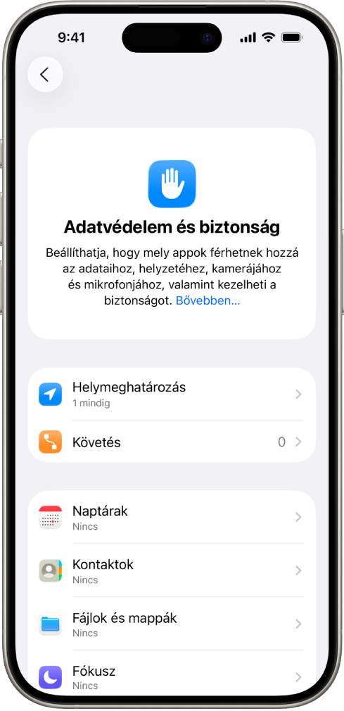 Egy iPhone Adatvédelem és biztonság képernyője a Beállítások menüben.