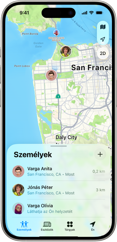 Egy iPhone képernyője, amelyen egy felhasználó és négy másik személy helyzete látható.